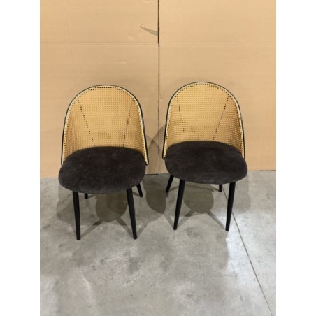 SECONDE MAIN - Lot de 2 chaises assise tissu noir dossier arrondi effet cannage