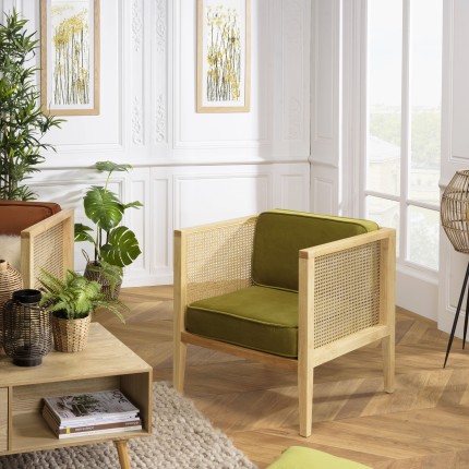 SECONDE MAIN - Fauteuil cannage assise amovible velours vert