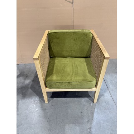 AGATHE Cane Armchair with Removable Green Velvet Seat