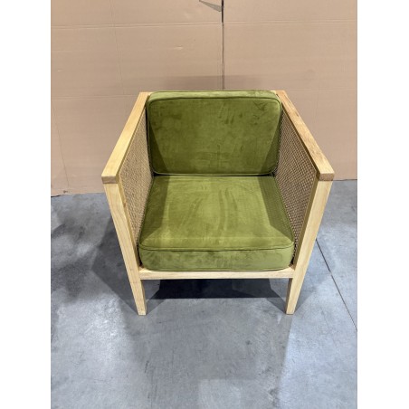 AGATHE Cane Armchair with Removable Green Velvet Seat