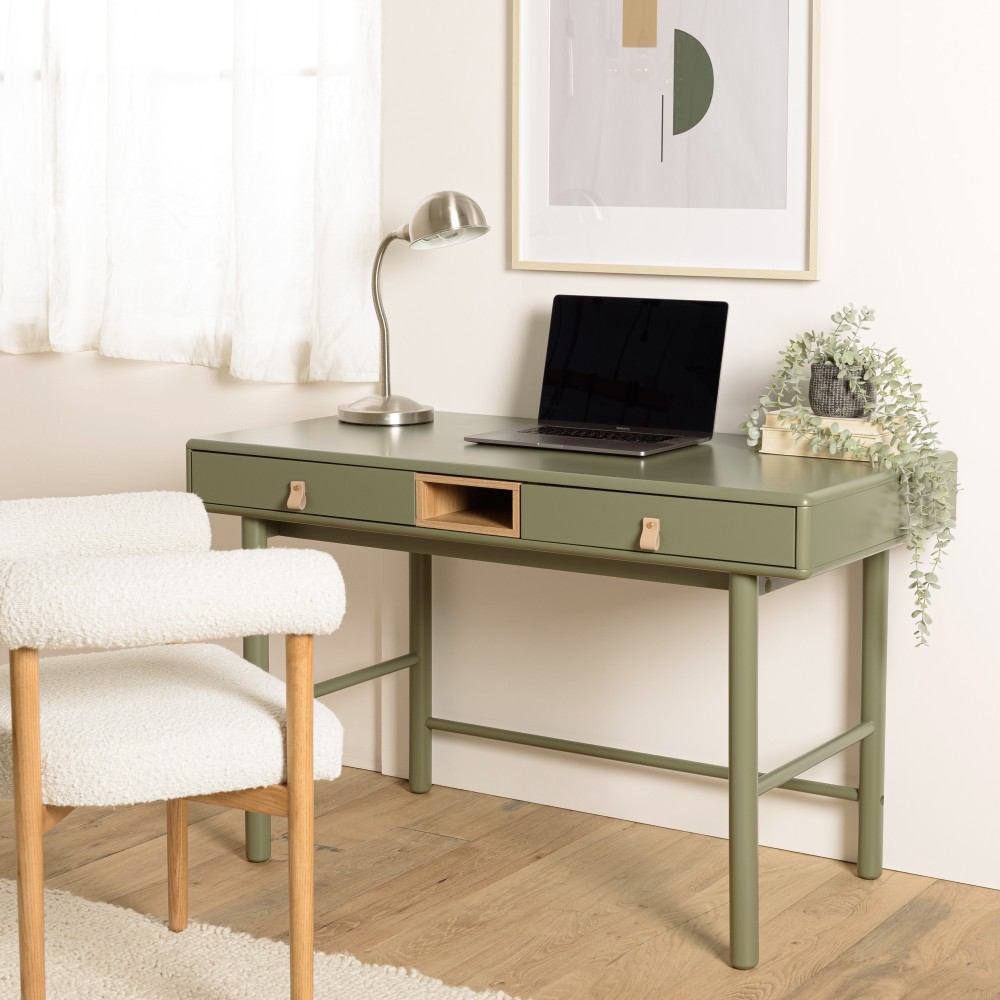 Bureau vert 2 tiroirs et 1 niche en bois naturel - ETHAN Bureau vert 2 tiroirs et 1 niche en bois naturel - ETHAN