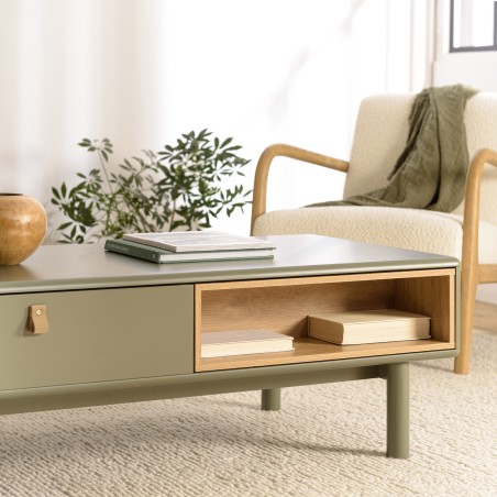 Table basse verte 2 tiroirs et 2 niches en bois naturel - ETHAN