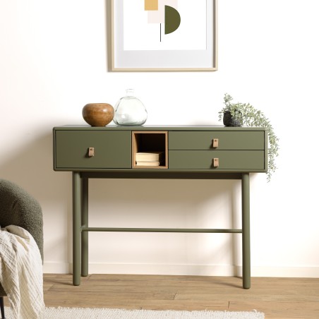 ETHAN - Console verte 3 tiroirs et 1 niche en bois naturel