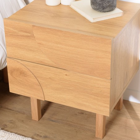 Natural-coloured bedside table with 2 drawers and rounded motif decoration - ETHAN