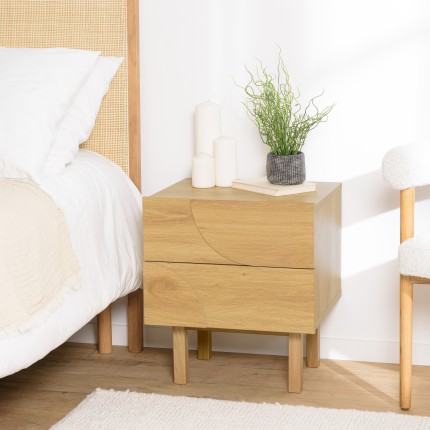 Natural-coloured bedside table with 2 drawers and rounded motif decoration - ETHAN