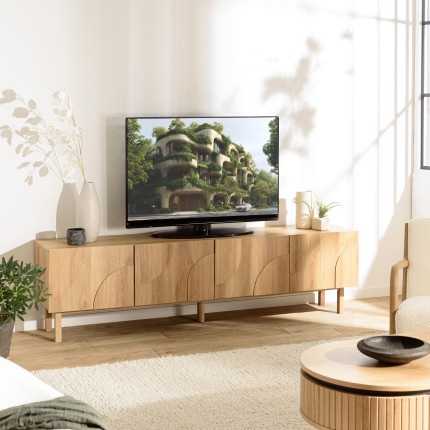 Meuble TV couleur naturelle 4 portes décor motif arrondi - ETHAN