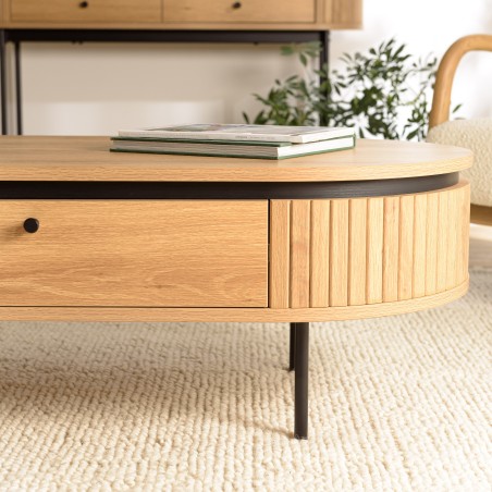 ETHAN - Table basse arrondie couleur naturelle 2 tiroirs