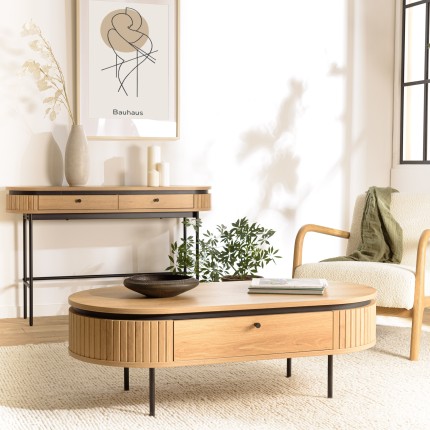 Table basse arrondie couleur naturelle 2 tiroirs - ETHAN