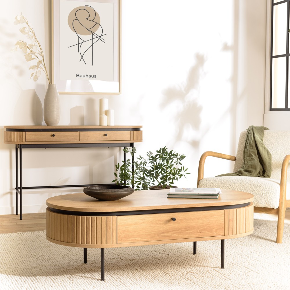 Table basse arrondie couleur naturelle 2 tiroirs - ETHAN Table basse arrondie couleur naturelle 2 tiroirs - ETHAN