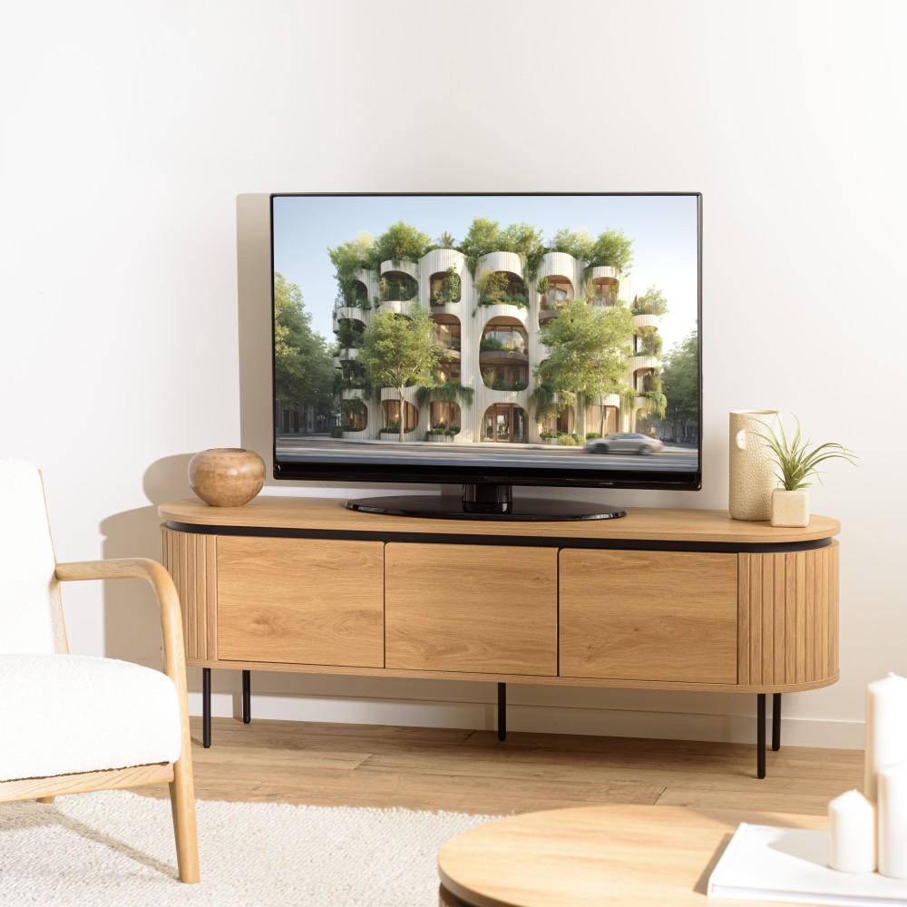 Natural-coloured rounded TV cabinet with 3 doors - ETHAN Natural-coloured rounded TV cabinet with 3 doors - ETHAN