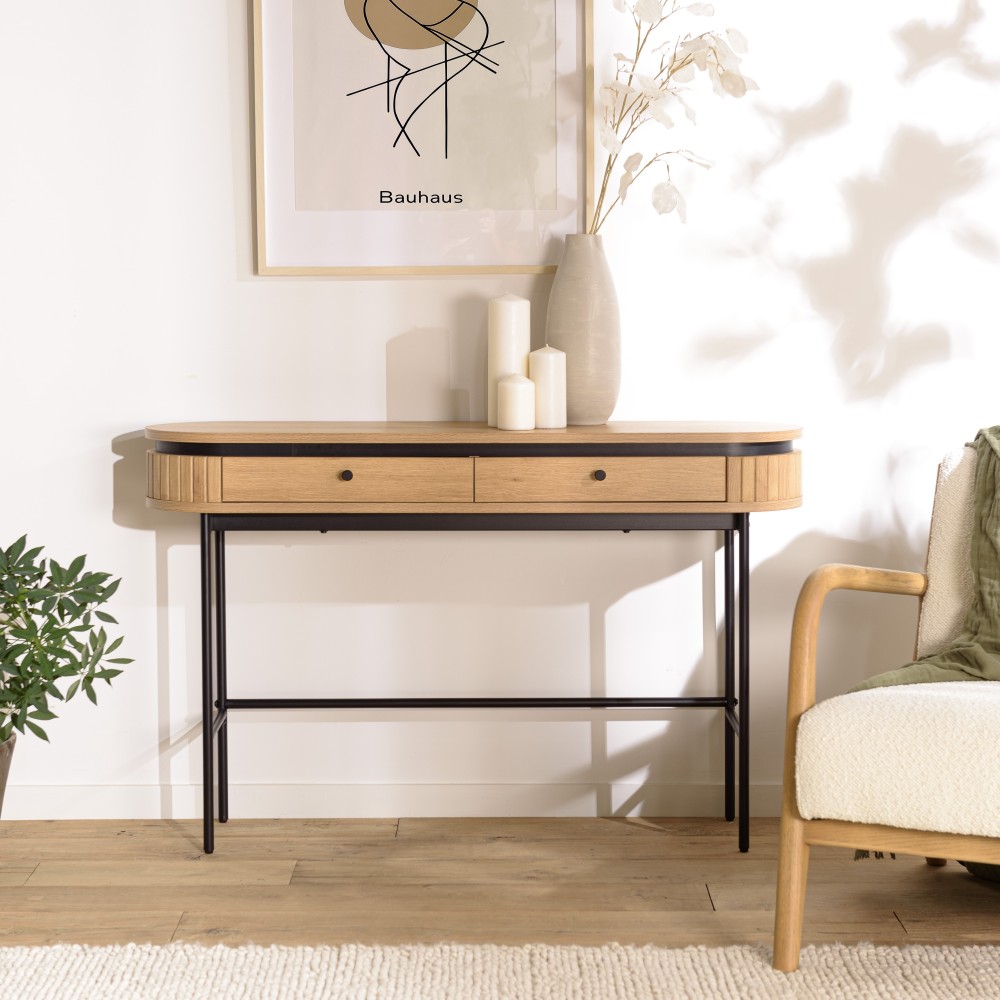 Console arrondie couleur naturelle 2 tiroirs pieds métal noir - ETHAN Console arrondie couleur naturelle 2 tiroirs pieds métal noir - ETHAN