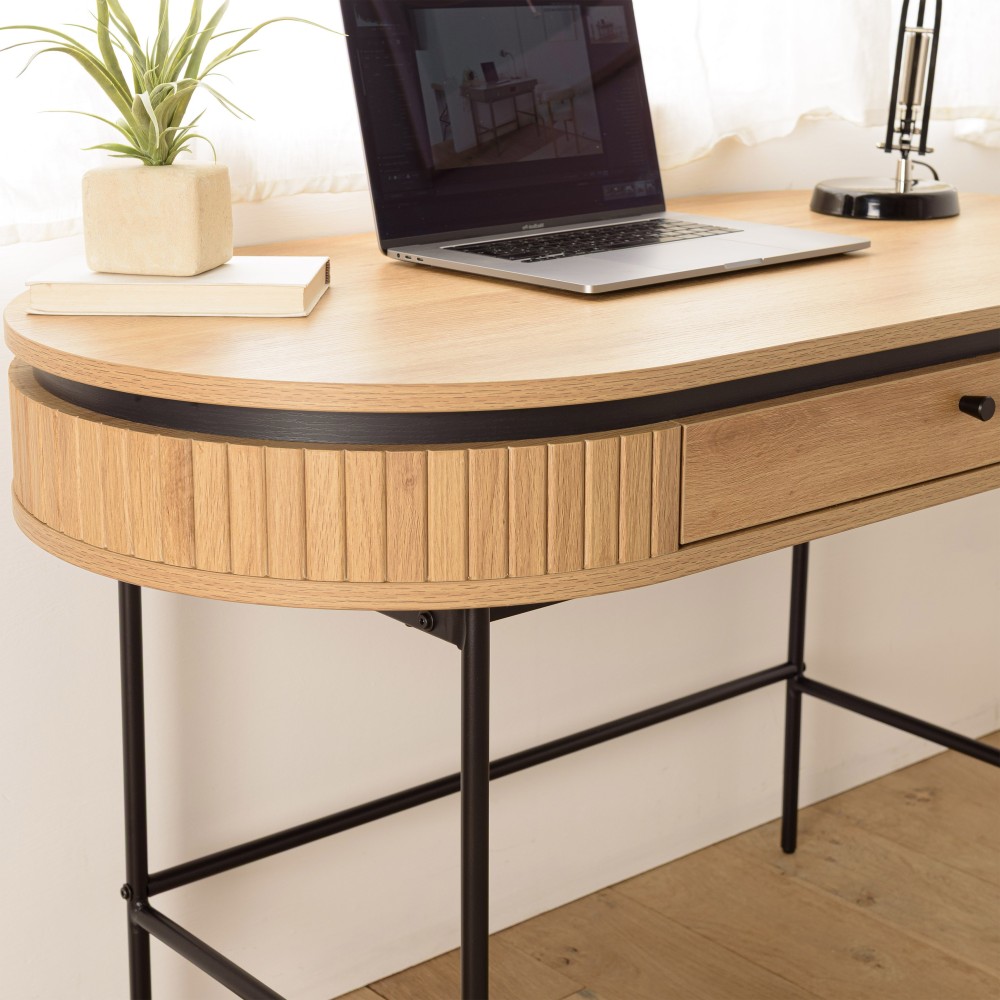 Natural-coloured rounded desk with 1 drawer and black metal legs - ETHAN