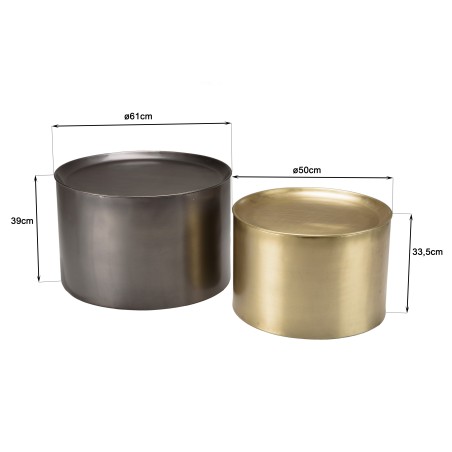 SECONDE MAIN - Set de 2 tables d'appoint rondes métal gris anthracite et doré