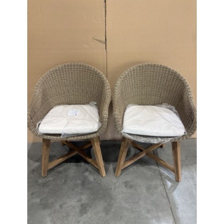 SECONDE MAIN - Lot de 2 fauteuils jardin rotin synthétique et coussin pieds croisés