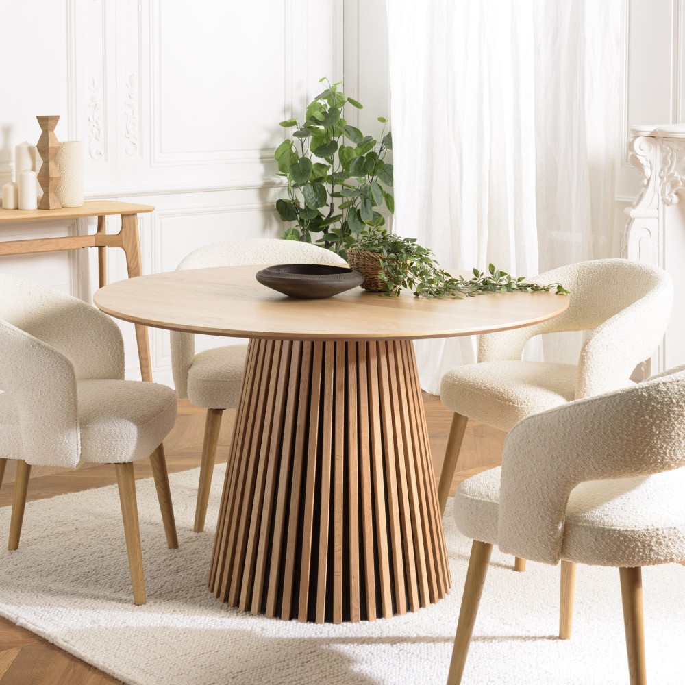 Round dining table D120 with decorative finish and natural oak legs with striated pattern - SYA Round dining table D120 with decorative finish and natural oak legs with striated pattern - SYA