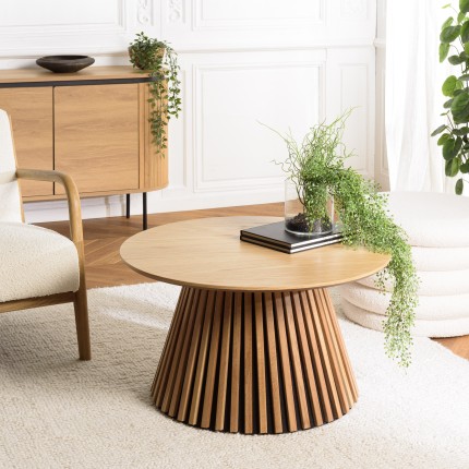 Table basse ronde D80 décor et chêne naturel pied à motif strié - SYA
