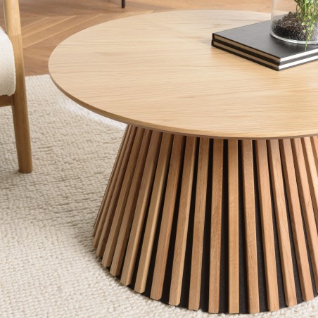 Table basse ronde D80 décor et chêne naturel pied à motif strié - SYA