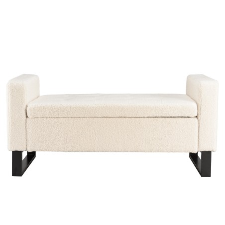 Ecru bouclé fabric bench with storage and black metal legs - LEOPOLD