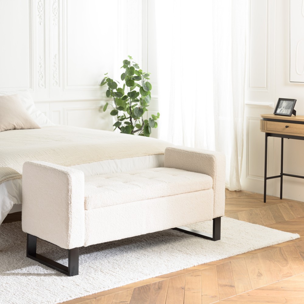 Ecru bouclé fabric bench with storage and black metal legs - LEOPOLD
