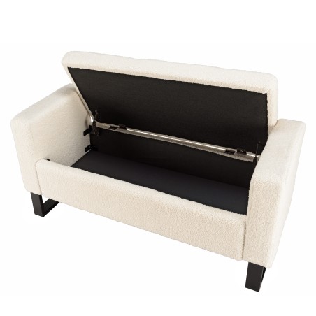 Ecru bouclé fabric bench with storage and black metal legs - LEOPOLD