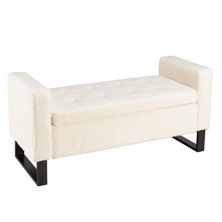 Ecru bouclé fabric bench with storage and black metal legs - LEOPOLD