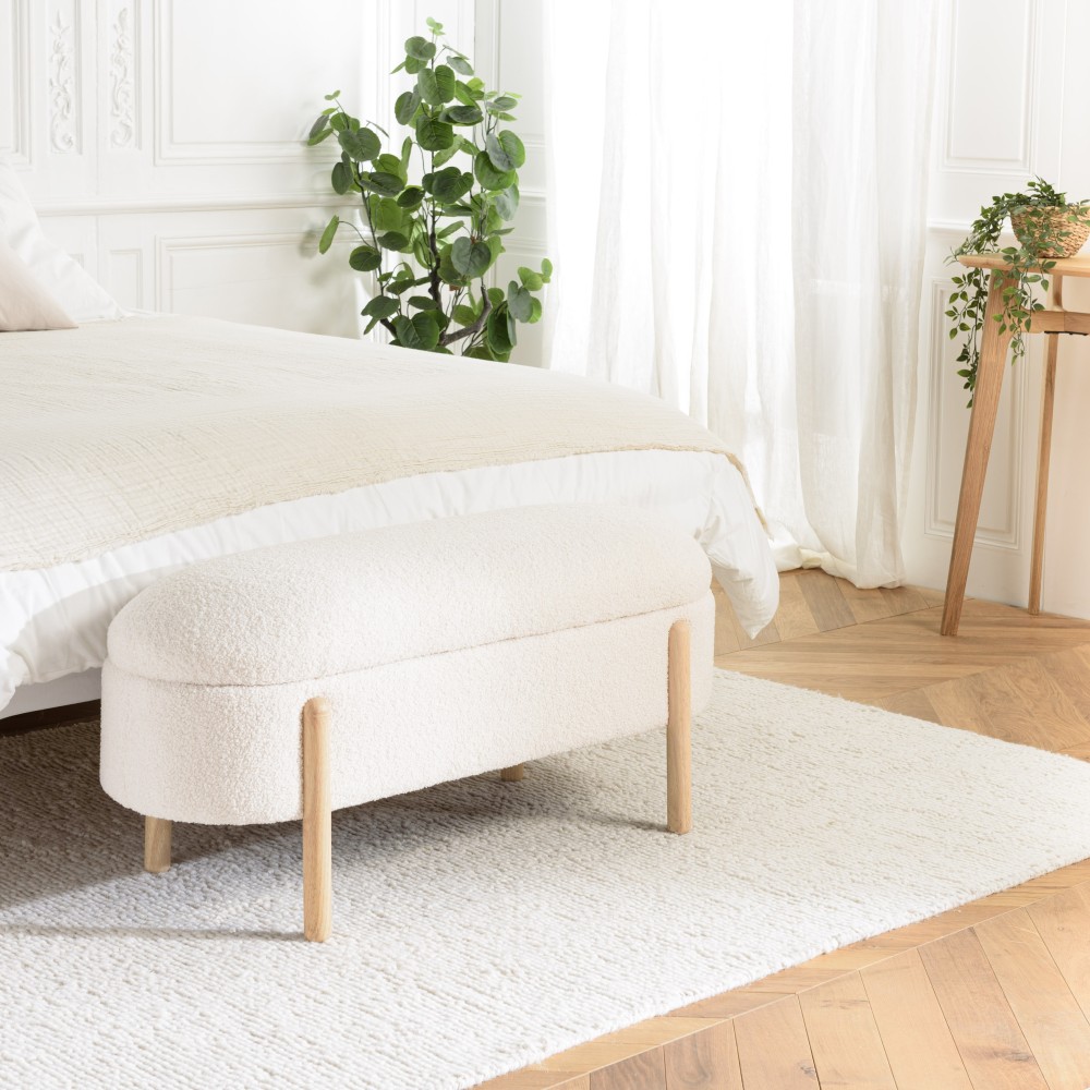 Ecru bouclé fabric bench with storage and wooden legs - LEOPOLD Ecru bouclé fabric bench with storage and wooden legs - LEOPOLD