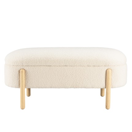 Ecru bouclé fabric bench with storage and wooden legs - LEOPOLD