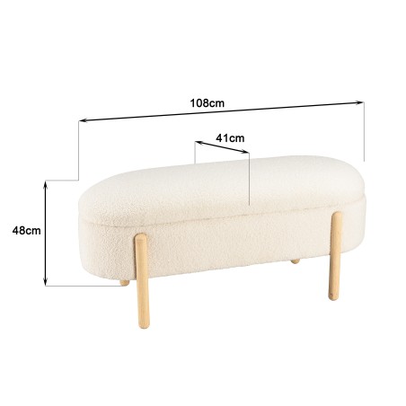 Ecru bouclé fabric bench with storage and wooden legs - LEOPOLD
