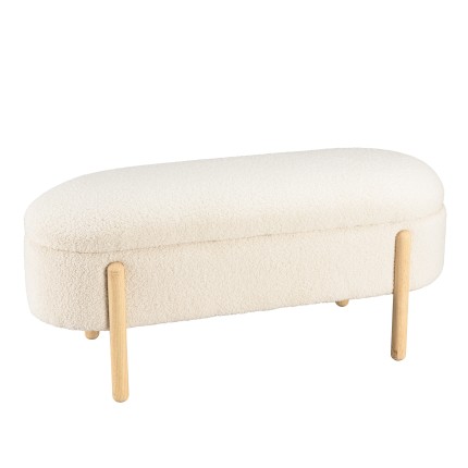 Banquette tissu bouclette écru avec rangement et pieds bois - LEOPOLD
