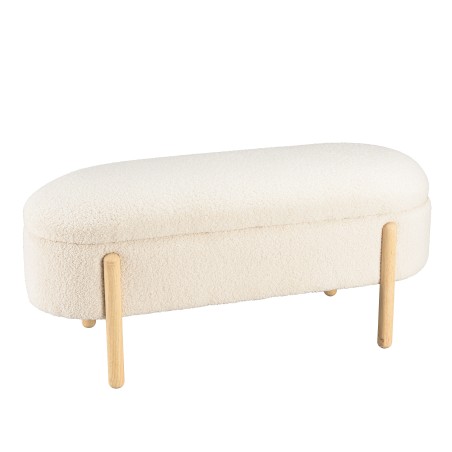 Ecru bouclé fabric bench with storage and wooden legs - LEOPOLD
