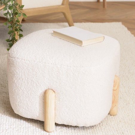 Ecru bouclé fabric pouffe with wooden legs - LEOPOLD