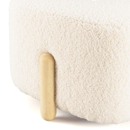 Ecru bouclé fabric pouffe with wooden legs - LEOPOLD
