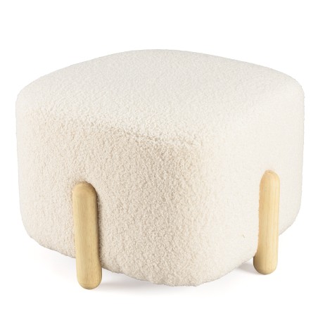Ecru bouclé fabric pouffe with wooden legs - LEOPOLD