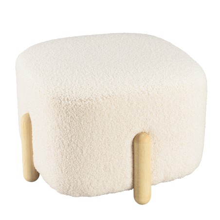 Ecru bouclé fabric pouffe with wooden legs - LEOPOLD