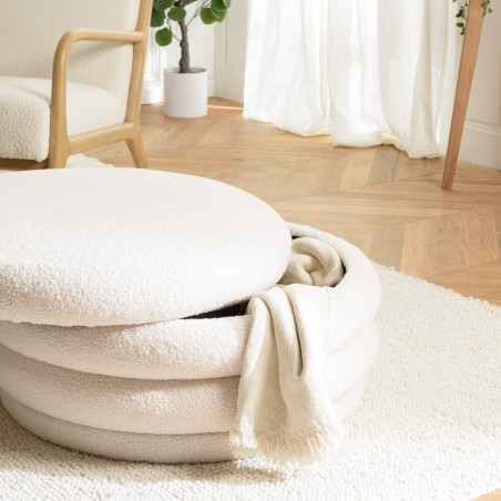 L-shaped pouffe in ecru bouclé fabric with storage - LEOPOLD