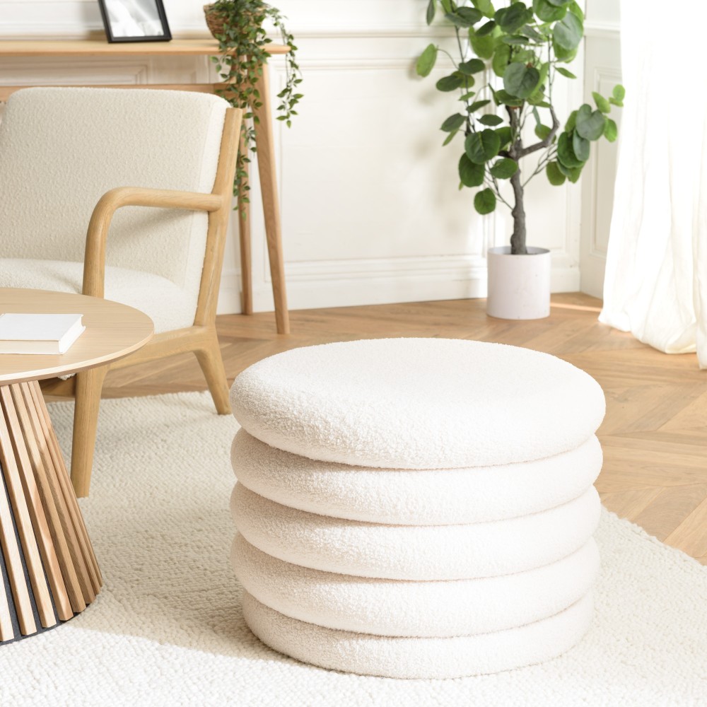 Pouf M en tissu bouclette écru avec rangement - LEOPOLD Pouf M en tissu bouclette écru avec rangement - LEOPOLD