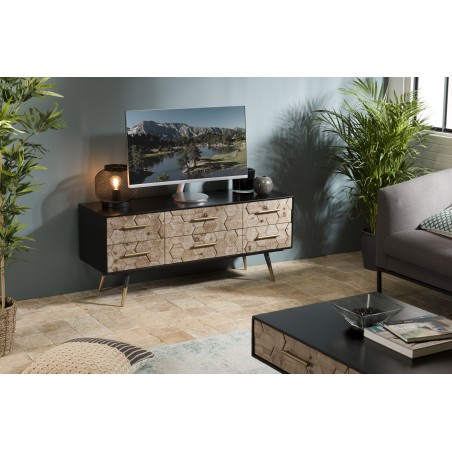 SECOND HAND - Black TV stand with 6 drawers, Scandi-style, in inlaid pine with gold metal legs