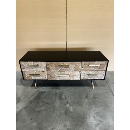 SECOND HAND - Black TV stand with 6 drawers, Scandi-style, in inlaid pine with gold metal legs