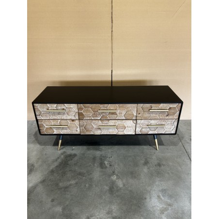 SECONDE MAIN - Meuble TV noir 6 tiroirs scandi bois Sapin marqueté pieds métal doré