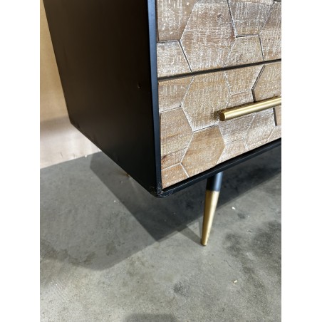 SECOND HAND - Black TV stand with 6 drawers, Scandi-style, in inlaid pine with gold metal legs