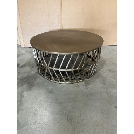 SECONDE MAIN - Table basse ronde 89x89cm aluminium doré piètement graphique