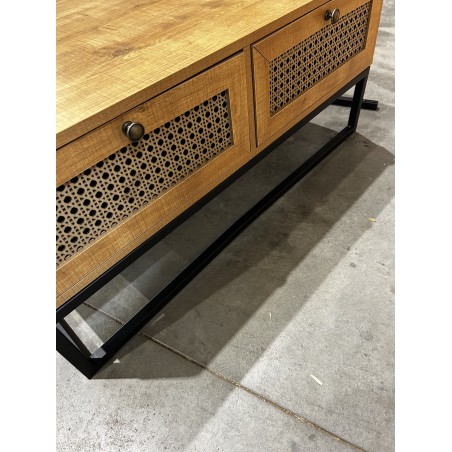 SECOND-HAND - Brown coffee table with 4 drawers, cane effect, black metal legs