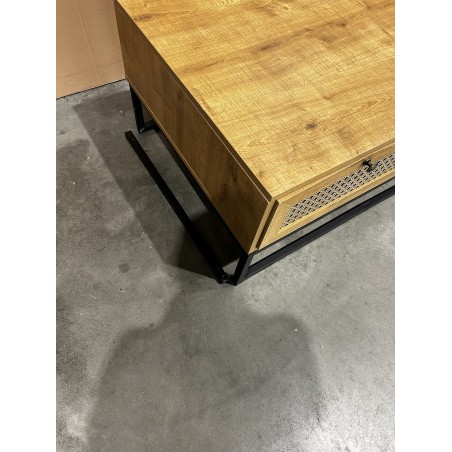 SECOND-HAND - Brown coffee table with 4 drawers, cane effect, black metal legs