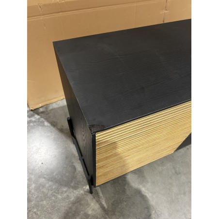 SECOND-HAND - Brown and black sideboard with 3 drawers and 2 doors, pine with black metal legs