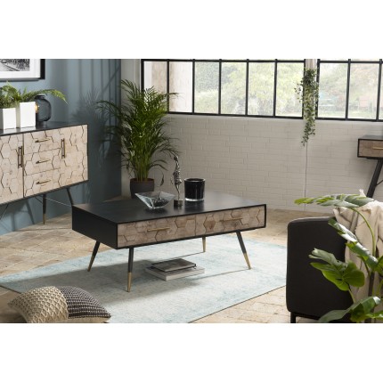 SECONDE MAIN - Table basse noire rectangulaire 2 tiroirs scandi bois sapin marqueté pieds métal doré
