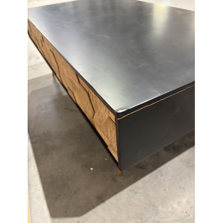 SECONDE MAIN - Table basse noire rectangulaire 2 tiroirs scandi bois sapin marqueté pieds métal doré