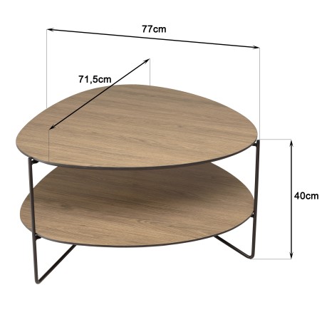 SECONDE MAIN- Table basse 2 plateaux forme ovoïde couleur mocha pieds métal