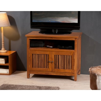 Meuble TV API - Bois Teck 2 portes persiennes