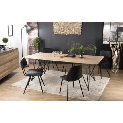 SECONDE MAIN - Table à manger rectangulaire 220x100cm bois chêne pieds épingles croisés métal noir