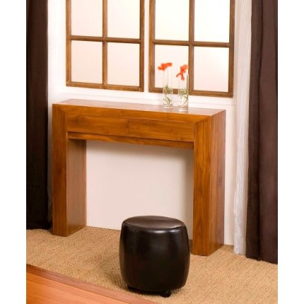Modern Brown Teak Wood Console Table with 2 Drawers